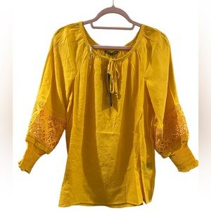 NET Unique Spectrum Yellow Blouse with Lace Sleeves. SZ Large